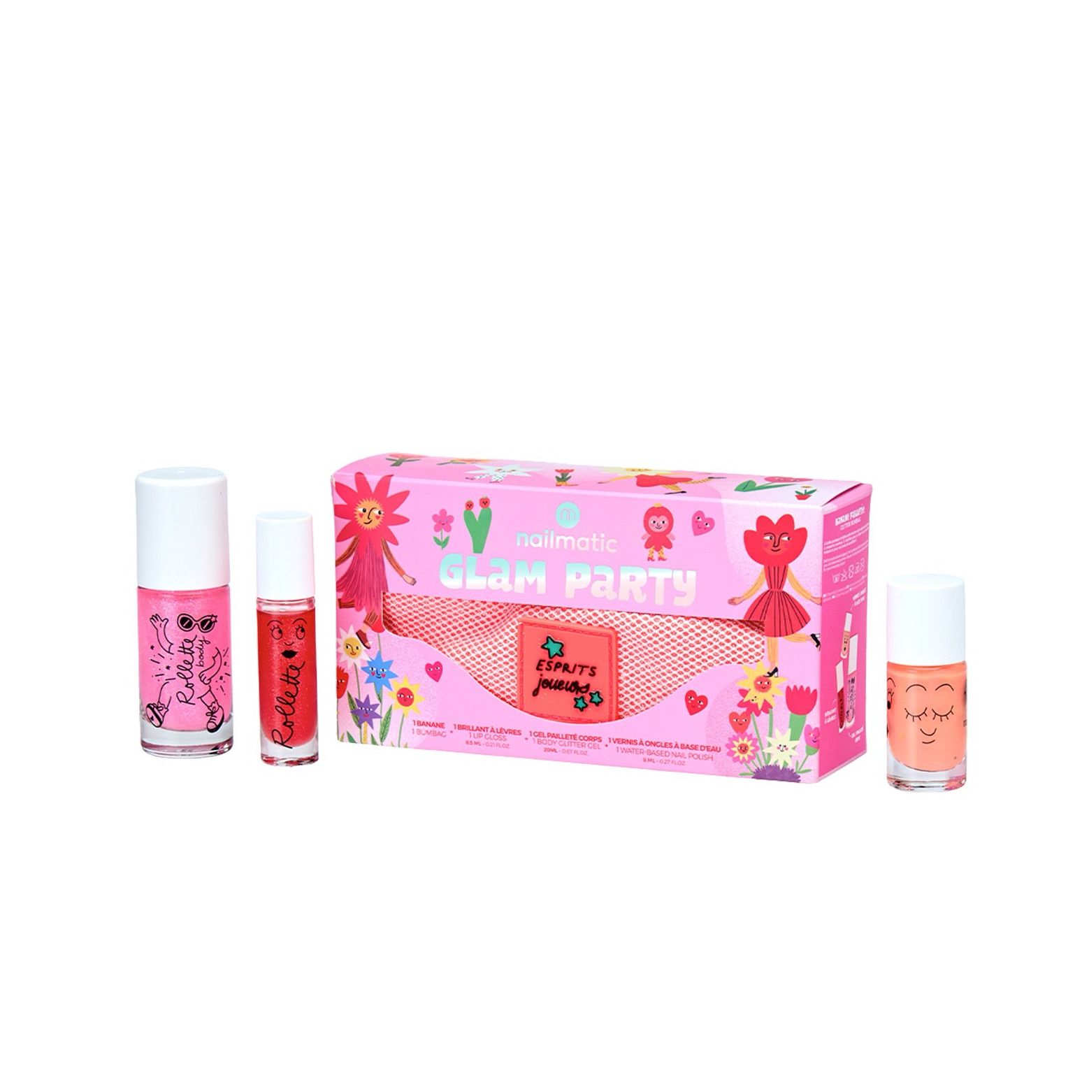 Set Glam Party de Nailmatic Kids con esmalte de uñas infantil, brillo de labios, glitter corporal y riñonera rosa.