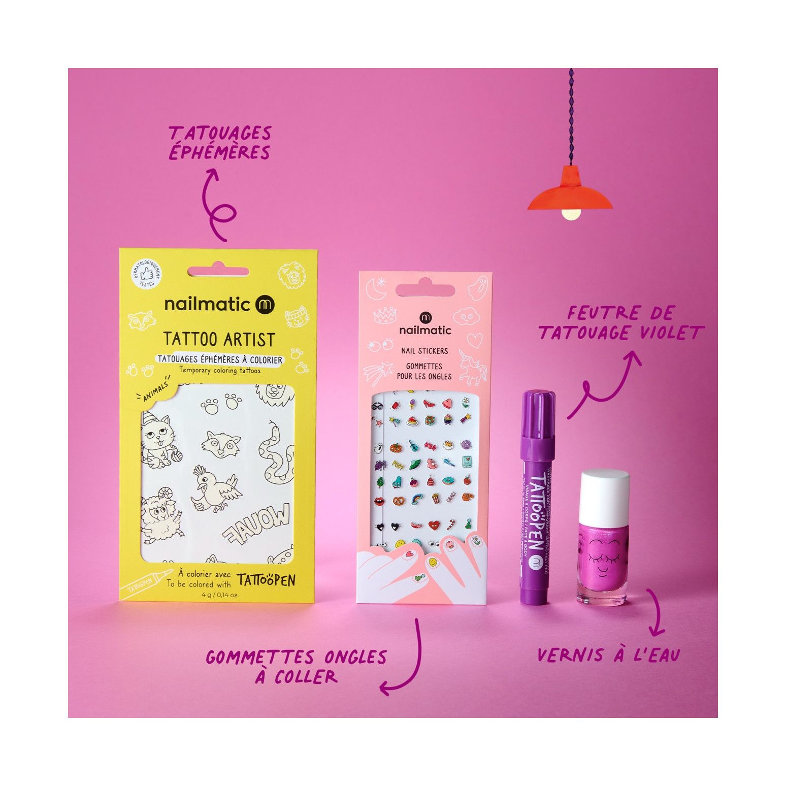 Set Funny Artists de Nailmatic Kids con esmalte de uñas infantil, tatuajes temporales, rotulador para tatuajes y pegatinas para uñas.