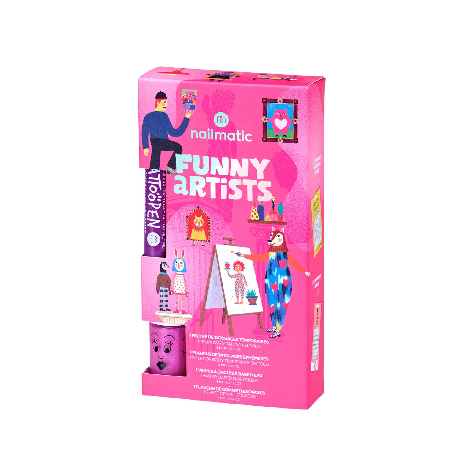 Set Funny Artists de Nailmatic Kids con esmalte de uñas infantil, tatuajes temporales, rotulador para tatuajes y pegatinas para uñas.