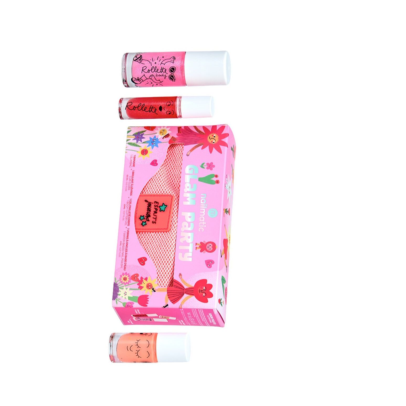 Set Glam Party de Nailmatic Kids con esmalte de uñas infantil, brillo de labios, glitter corporal y riñonera rosa.