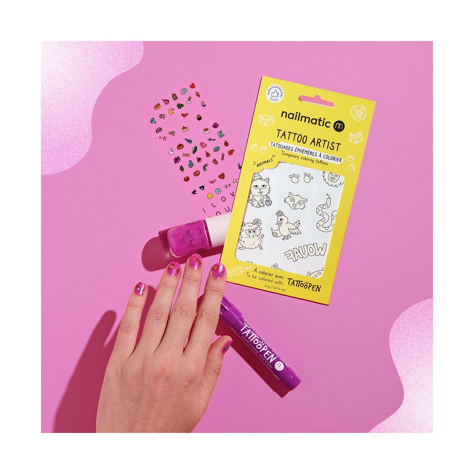 Set Funny Artists de Nailmatic Kids con esmalte de uñas infantil, tatuajes temporales, rotulador para tatuajes y pegatinas para uñas.