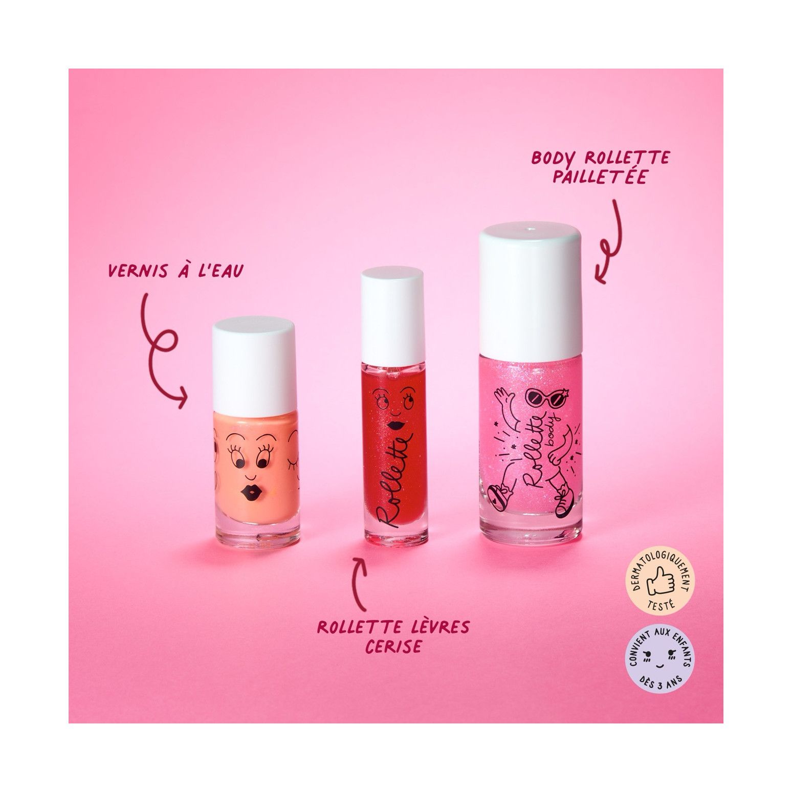 Set Glam Party de Nailmatic Kids con esmalte de uñas infantil, brillo de labios, glitter corporal y riñonera rosa.