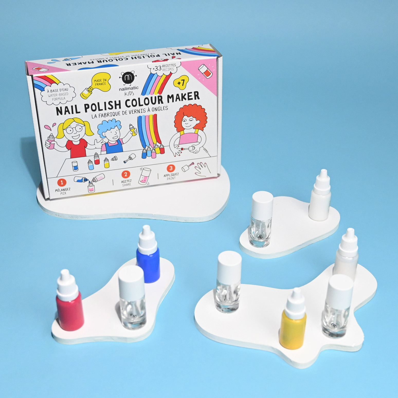 Set Nail Polish Colour Maker de Nailmatic Kids para crear esmaltes infantiles, con caja ilustrada y materiales incluidos.