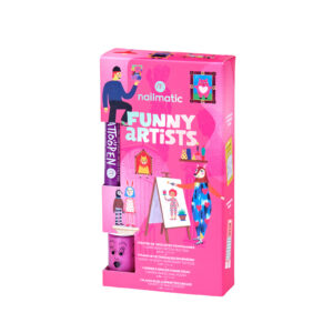 Set Funny Artists de Nailmatic Kids con esmalte de uñas infantil, tatuajes temporales, rotulador para tatuajes y pegatinas para uñas.