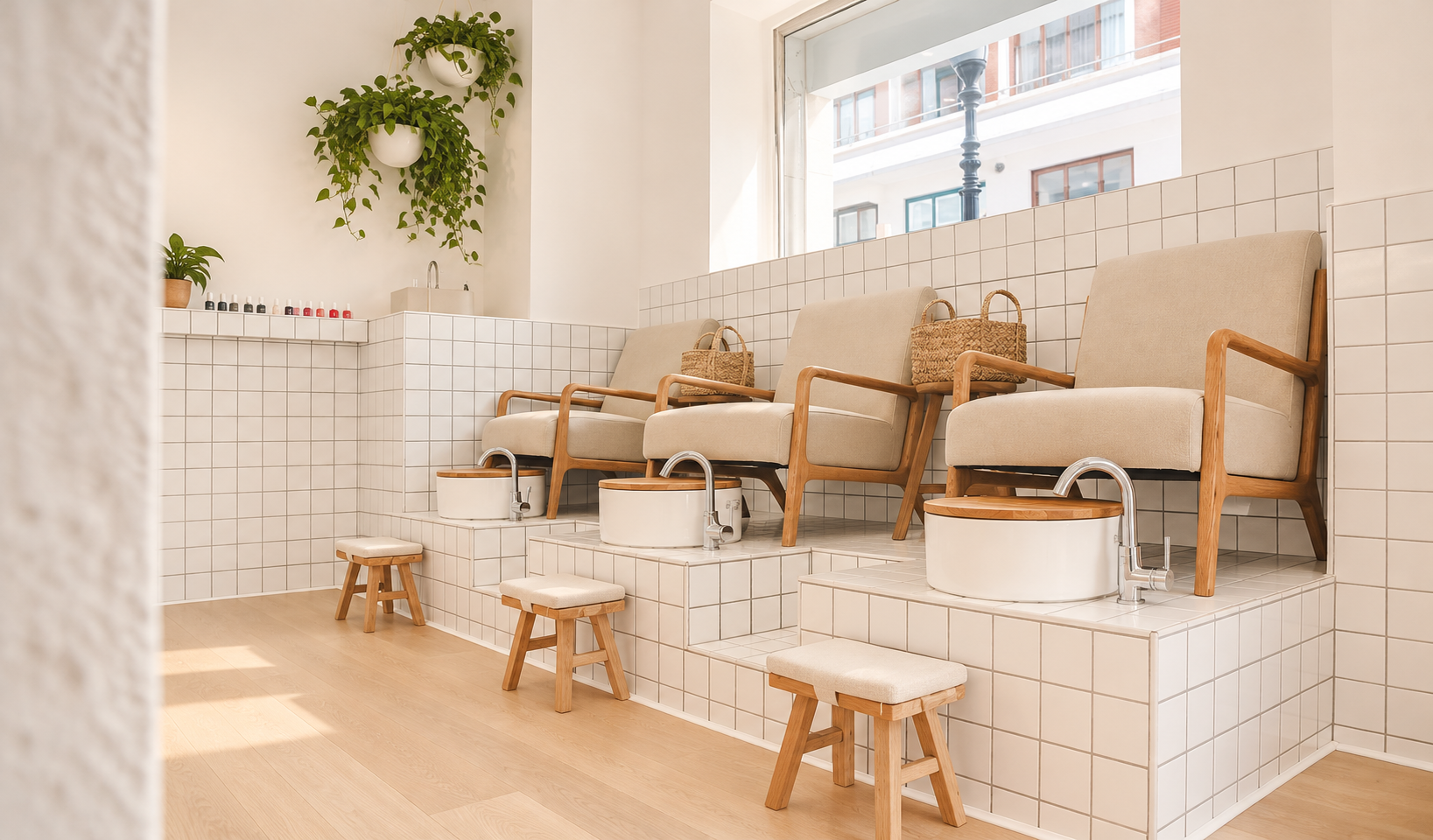 Interior de KOLORAMA Bilbao con tres sillones de pedicura, azulejos blancos y plantas colgantes.