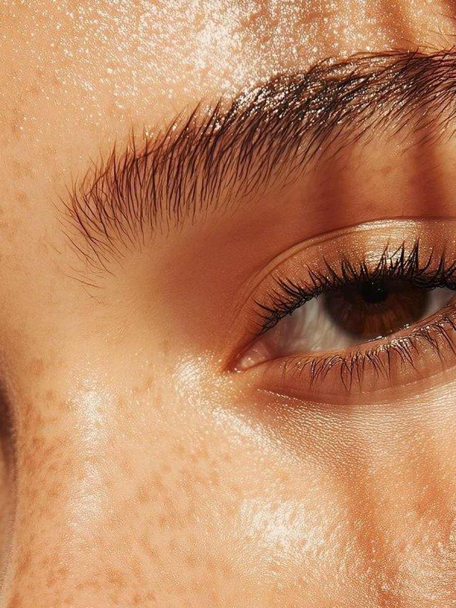 Primer plano de ojos, cejas y pestañas naturales con luz cálida y piel con pecas.