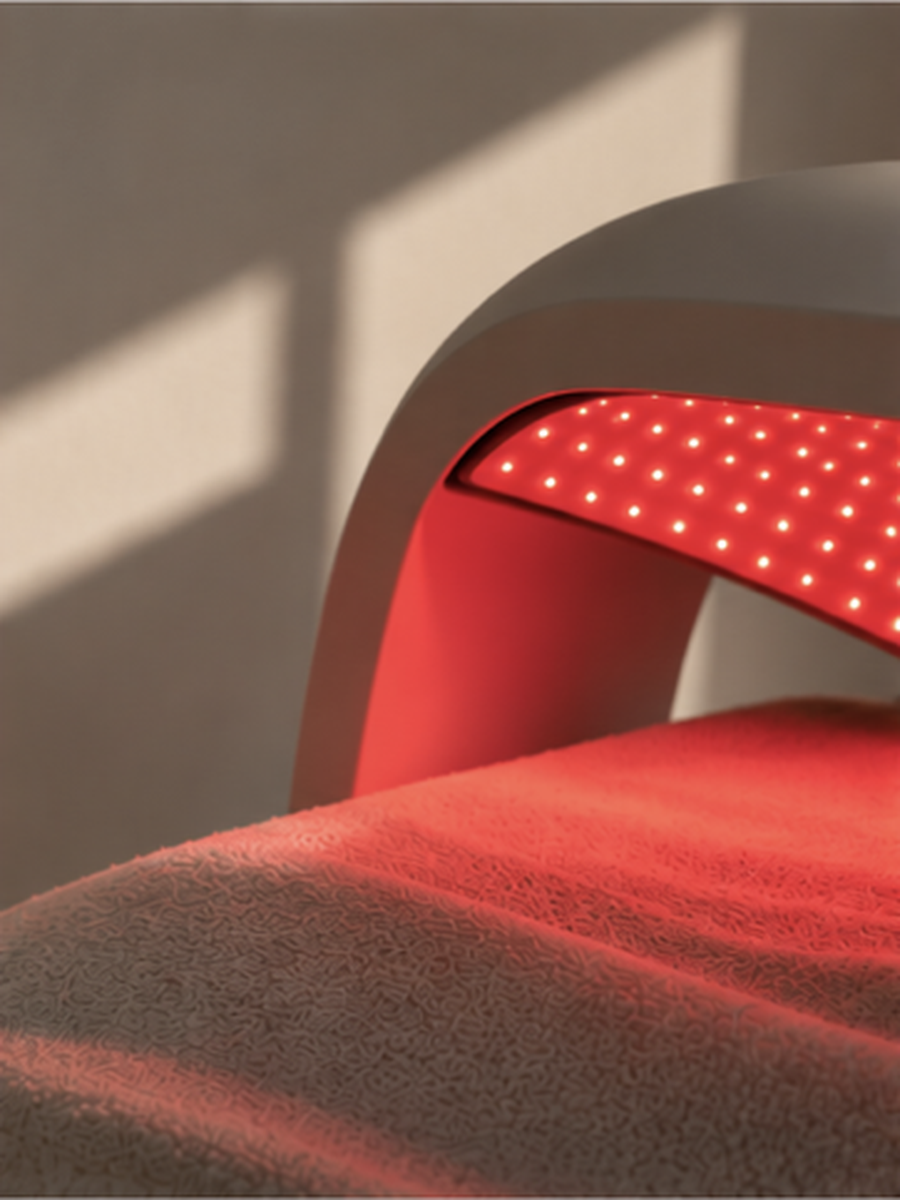 Lámpara de luz roja LED encendida, utilizada para ilustrar el tratamiento de manos de KOLORAMA.