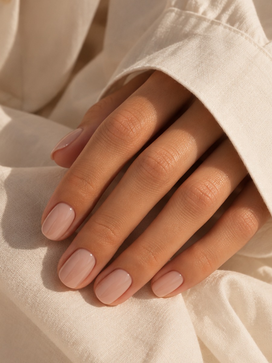 Mano con manicura nude clara y acabado brillante, con camisa blanca. Imagen de los servicios de manicura de KOLORAMA.