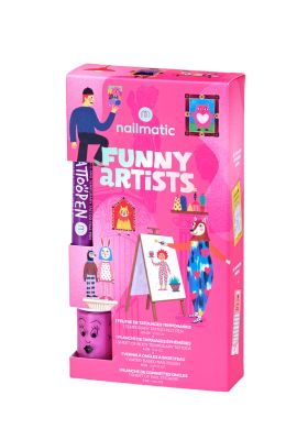 Set Funny Artists de Nailmatic Kids con esmalte de uñas infantil, tatuajes temporales, rotulador para tatuajes y pegatinas para uñas.