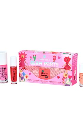 Set Glam Party de Nailmatic Kids con esmalte de uñas infantil, brillo de labios, glitter corporal y riñonera rosa.
